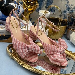 🆕 LOEFFLER RANDALL 🧿 NWOT Dahlia Soft Pink Gingham Pleated Bow Mid Heel, Sz 7